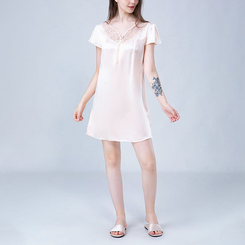 V Neck Hollow Out Lace Silk Nightdress