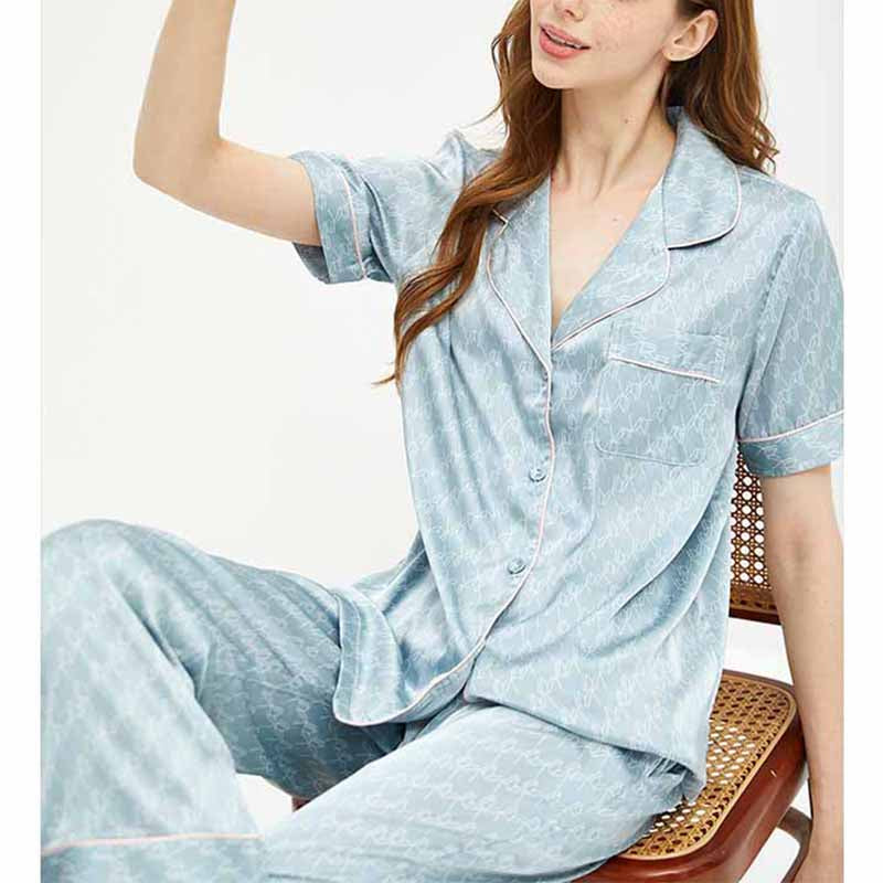 Light Blue Satin Short Sleeves Pajama Set