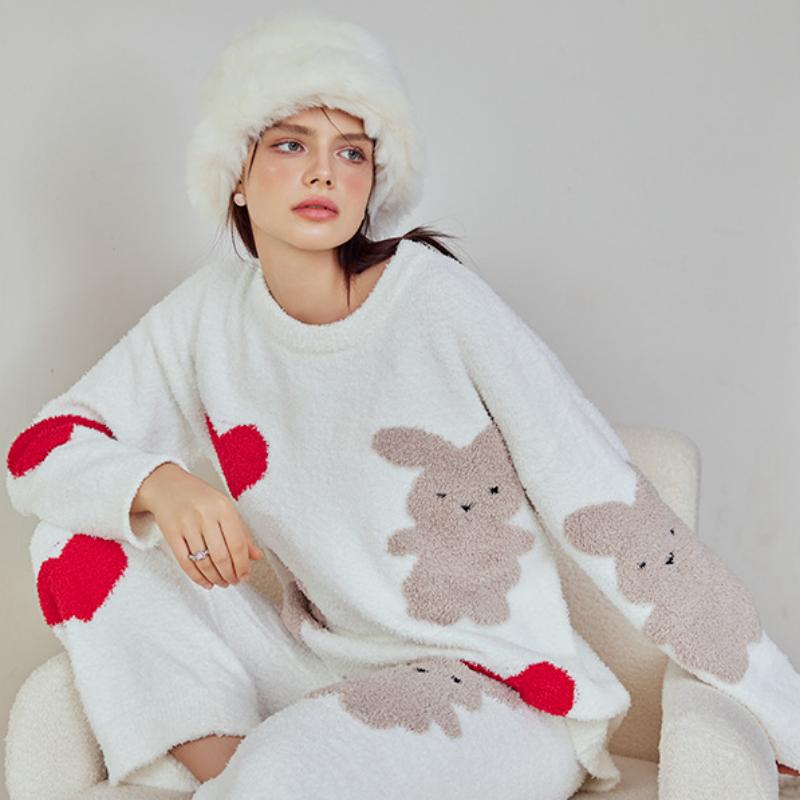 Heart And Rabbit Half-Pile Flannel Pullover Long-Sleeved Pant Pajamas Set