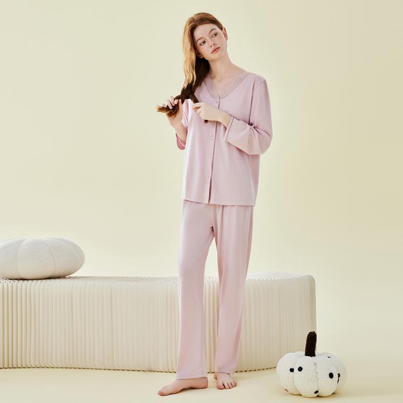 Class A Cotton Lace V-Neck Long Sleeve Trousers Pajamas Set