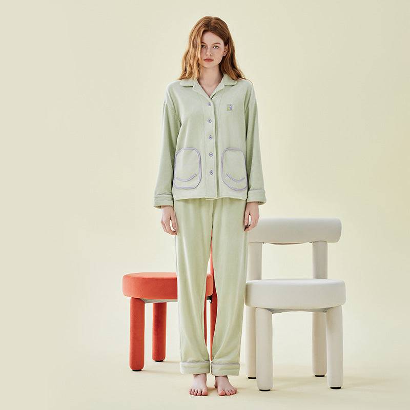 Solid Color Fleece Long Sleeve Trousers Pajamas Set