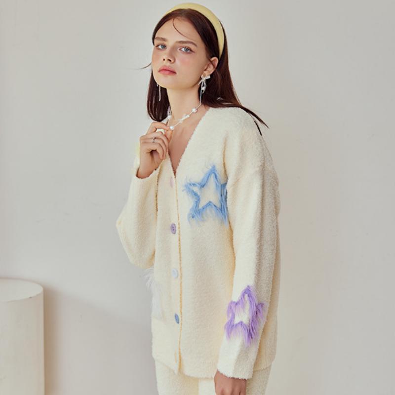 Yellow Stars Half-Pile Long Sleeve Trousers Pajamas Set