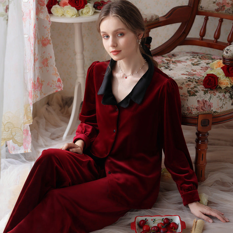 Simple Burgundy Lapel Velvet Long Sleeve Trousers Pajamas Set