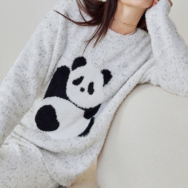 Grey Panda Half-Pile Flannel Pullover Long-Sleeved Pant Pajamas Set