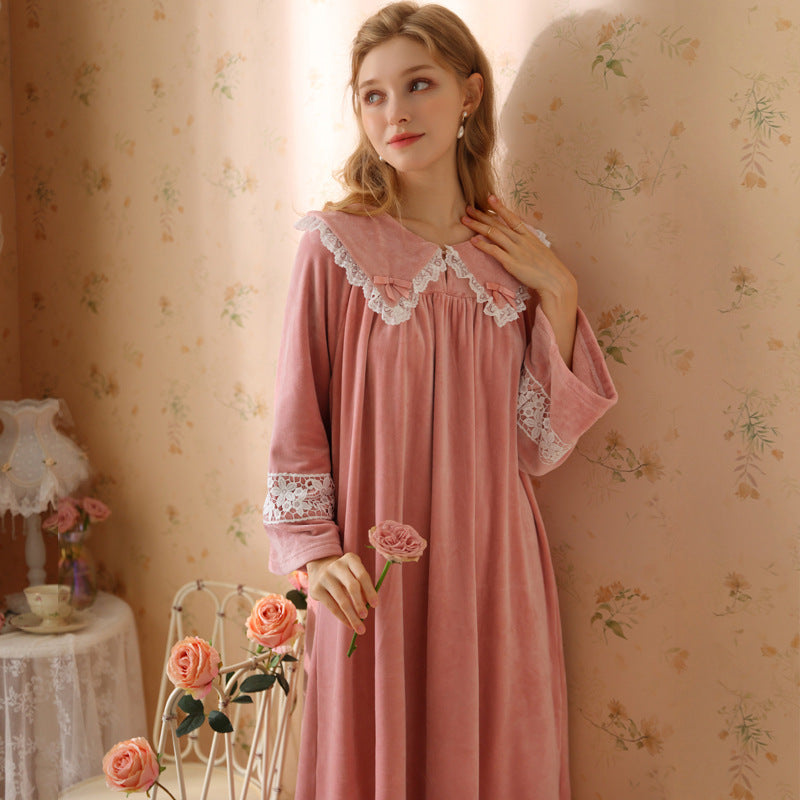 Leather Pink Lapel Lace Velvet Long Sleeve Nightdress