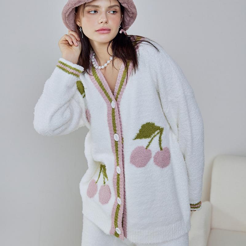 White Cherry Half-Pile Long Sleeve Trousers Pajamas Set