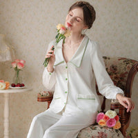 White V-Shaped Low Neck Long Sleeve Pants Pajamas Suit