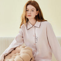 Cotton Kitten Embroidery Long Sleeve Pants Pajamas Set