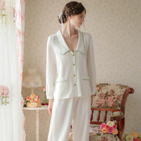 White V-Shaped Low Neck Long Sleeve Pants Pajamas Suit