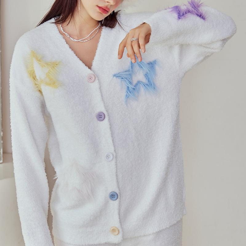 White Stars Half-Pile Long Sleeve Trousers Pajamas Set