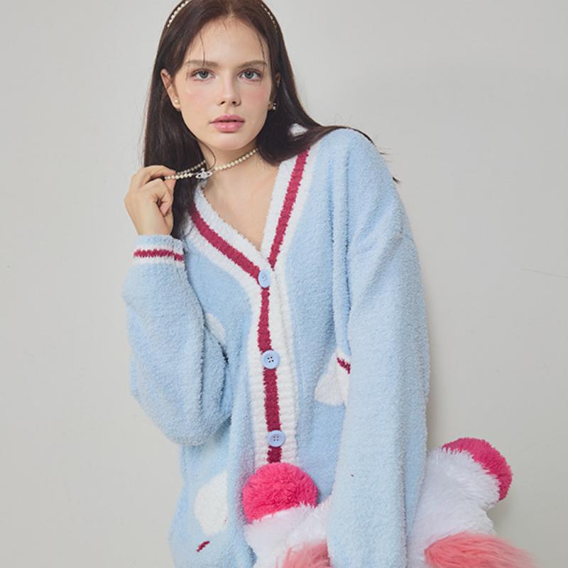 Blue Cloud Half-Pile Flannel Long Sleeve Trousers Pajamas Set