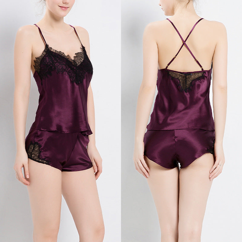 16 Momme Mulberry Silk Lace Sexy Camisole Shorts Pajama Set