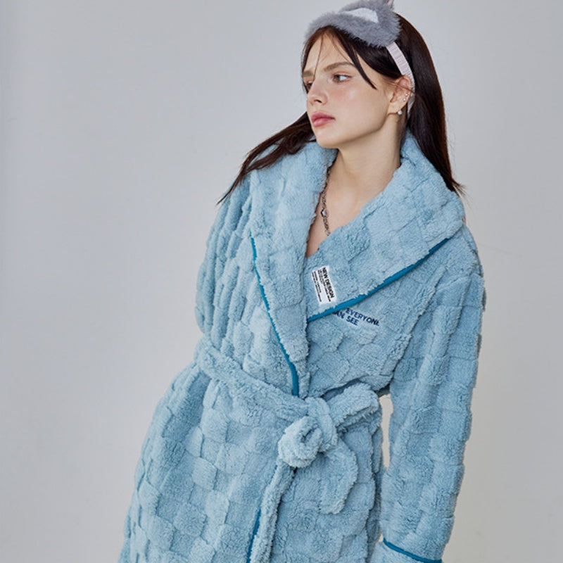 Blue Thickening Half-Pile Flannel Long-Sleeved Trousers Robe Set