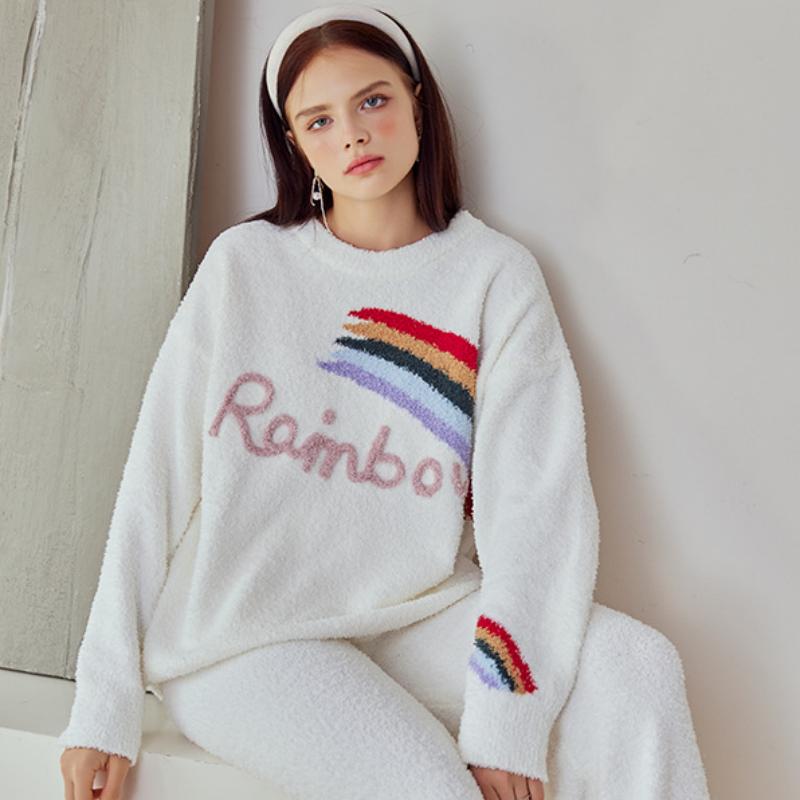 White Rainbow Half-Pile Flannel Pullover Long Sleeve Trousers Pajamas Set