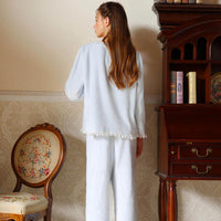 Lovely Solid Color Square Collar Lace Bow Velvet Long Sleeve Trousers Pajamas Set