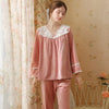 Solid Color V-Neck Floral Lace Velvet Long Sleeve Pants Pajamas Set