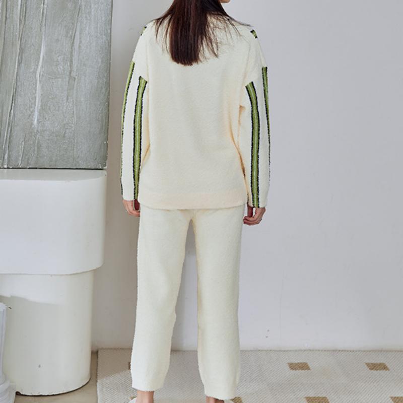 Yellow Stripe Half-Pile Long Sleeve Trousers Pajamas Set