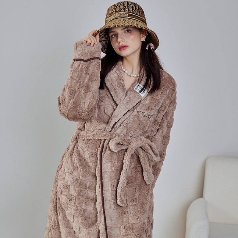 Brown Thickening Half-Pile Flannel Long-Sleeved Trousers Robe Set