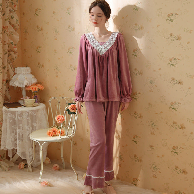 Fuchsia V-Neck Lace Velvet Long Sleeve Trousers Pajamas Set