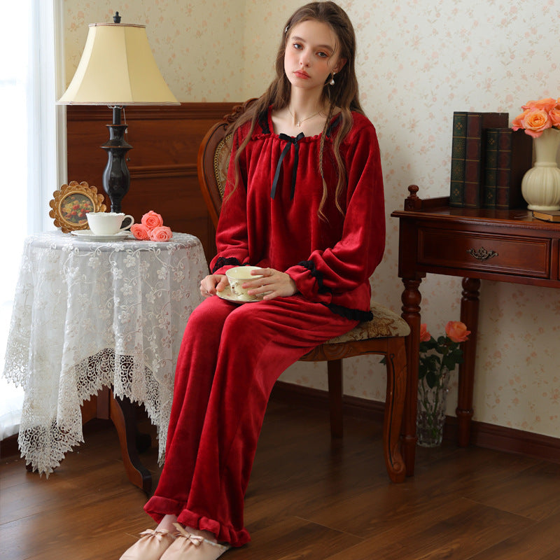 Elegant Square Neck Bow Velvet Long Sleeve Trousers Pajamas Set