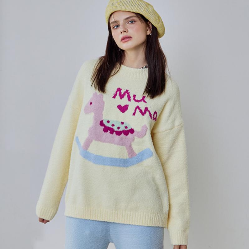 Light Yellow Hobbyhorse Half-Pile Flannel Pullover Long Sleeve Trousers Pajamas Set