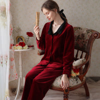 Simple Burgundy Lapel Velvet Long Sleeve Trousers Pajamas Set