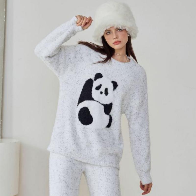 Grey Panda Half-Pile Flannel Pullover Long-Sleeved Pant Pajamas Set