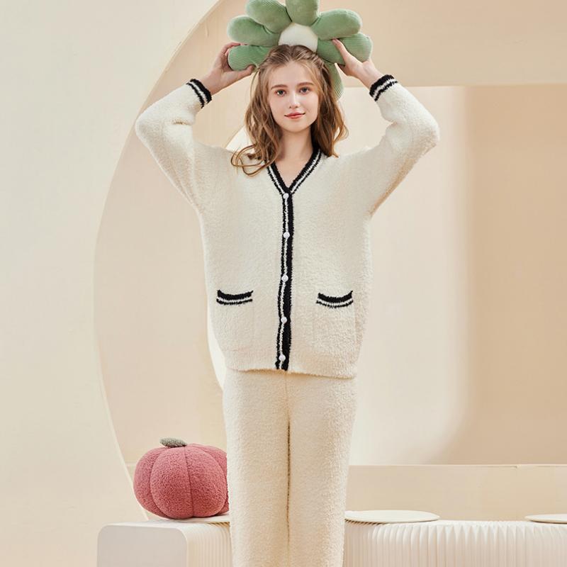 Floral Embroidery Coral Velvet Long Sleeve Trousers Pajamas Set