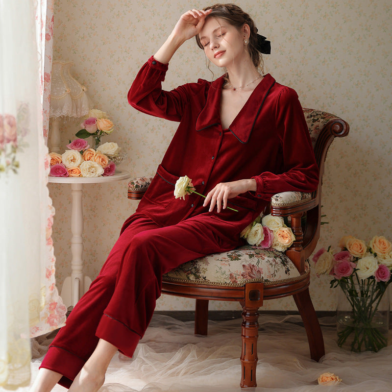 Simple Wine Red Low Neck Velvet Long Sleeve Trousers Pajamas Set