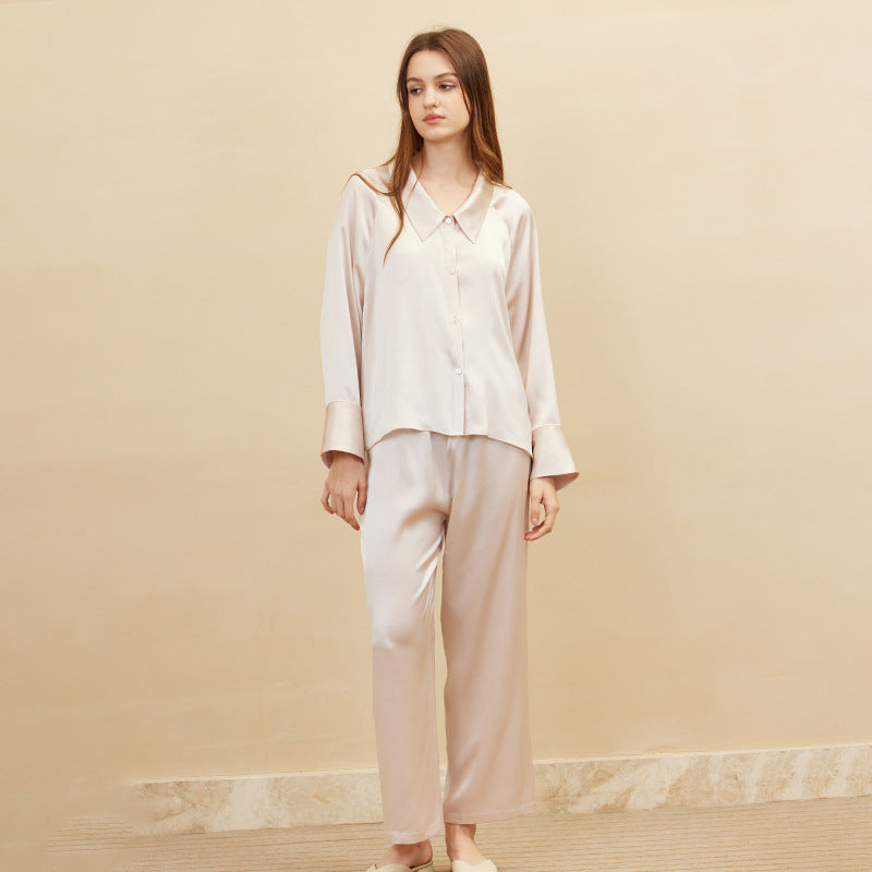 19 Momme Mulberry Silk Taro Powder Low Collar Long Sleeve Trousers Pajamas Set