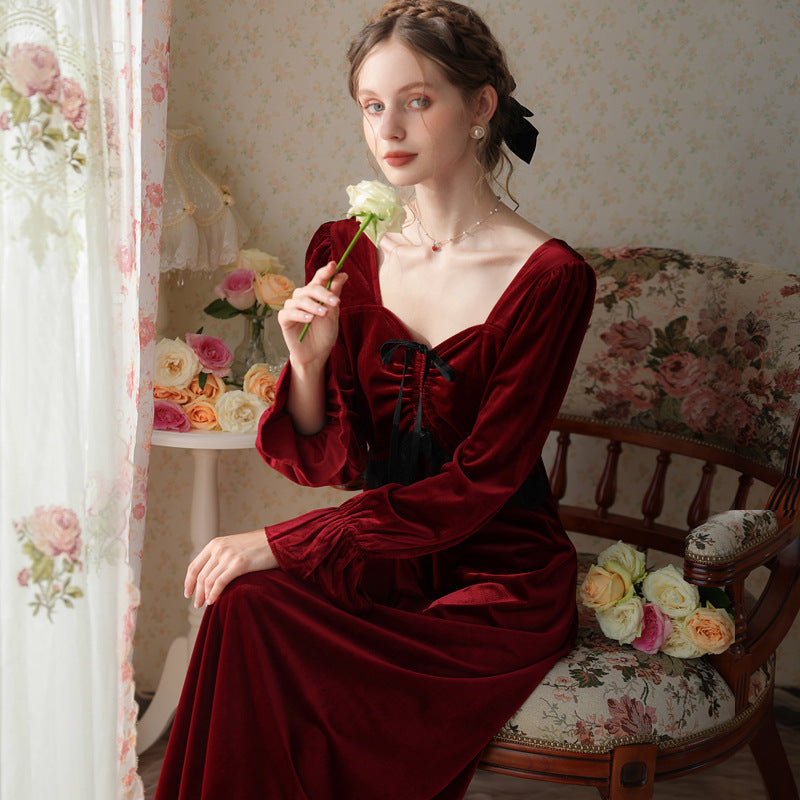 French Velvet Bow Long Sleeve Nightdress