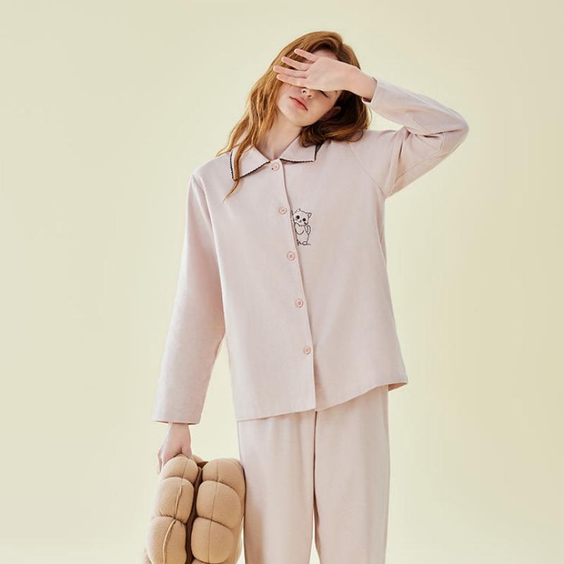 Cotton Kitten Embroidery Long Sleeve Pants Pajamas Set