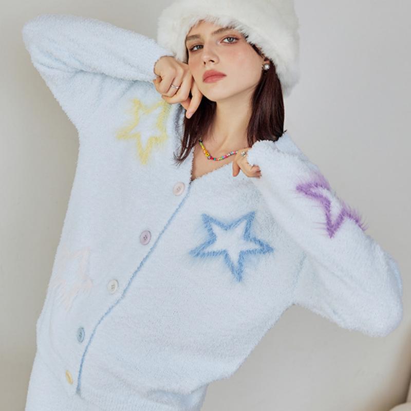 Light Blue Star Half-Pile Flannel Long Sleeve Trousers Pajamas Set