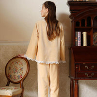 Lovely Solid Color Square Collar Lace Bow Velvet Long Sleeve Trousers Pajamas Set