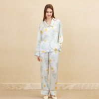 19 Momme Mulberry Silk Small Daisy Print Long Sleeve Trousers Pajamas Set