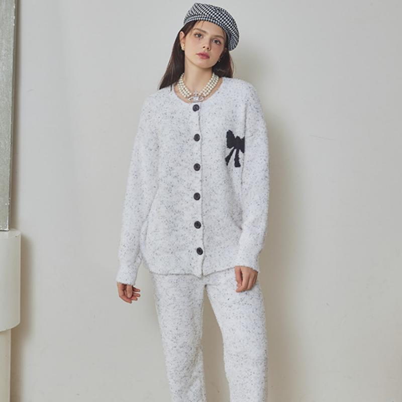 Black Bow Half-Pile Flannel Long Sleeve Trousers Pajamas Set