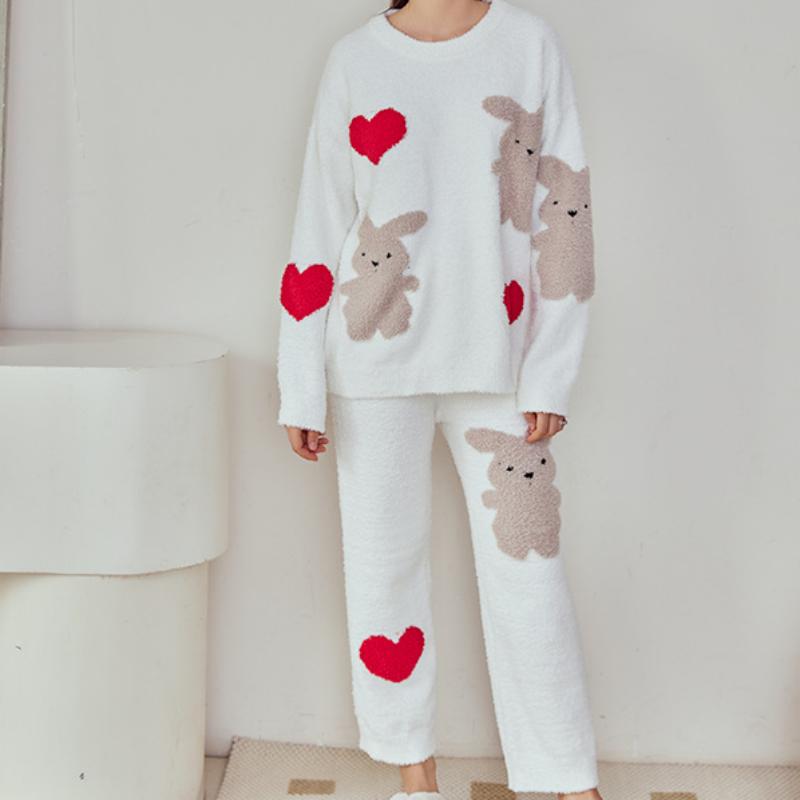 Heart And Rabbit Half-Pile Flannel Pullover Long-Sleeved Pant Pajamas Set