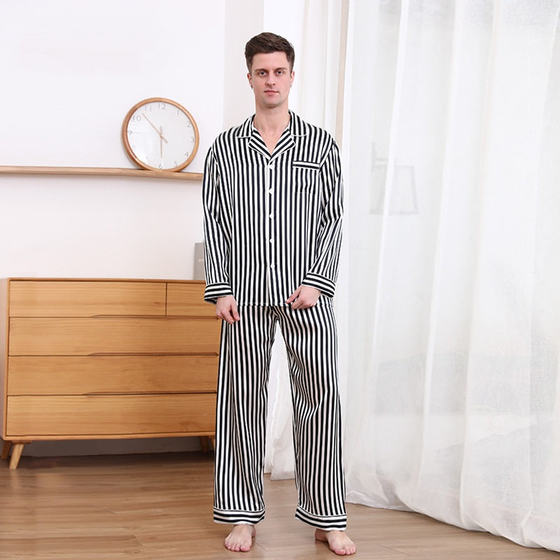 19 Momme Mulberry Silk Men's Vertical Stripe Long Sleeve Trousers Pajamas Set