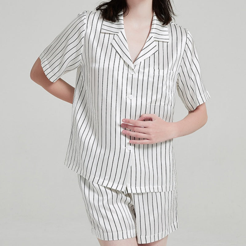 19 Momme Mulberry Silk Vertical Stripe Short Sleeve Shorts Pajamas Set