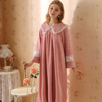 Leather Pink Lapel Lace Velvet Long Sleeve Nightdress