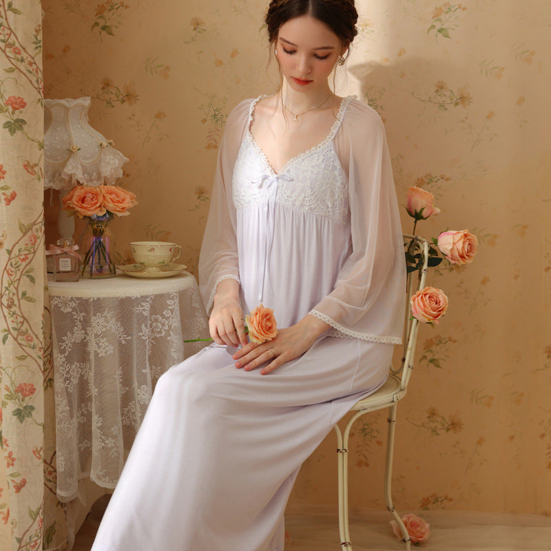 Lace Gauze Bow Long Sleeve Nightdress