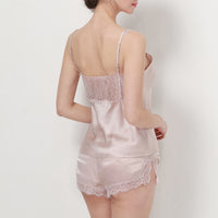 16 Momme Mulberry Silk Lace Camisole Shorts Side Slit Pajama Set