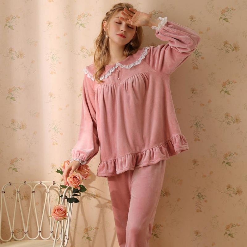 Solid Color Doll Collar Lace Velvet Long Sleeve Pants Pajamas Set