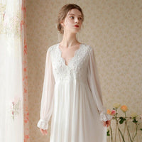 Gauze Lace Long-Sleeved Nightdress With Puff Sleeves