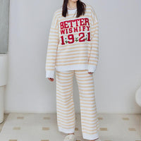 Yellow Stripe Letter Embroidery Half-Pile Flannel Pullover Long Sleeve Trousers Pajamas Set