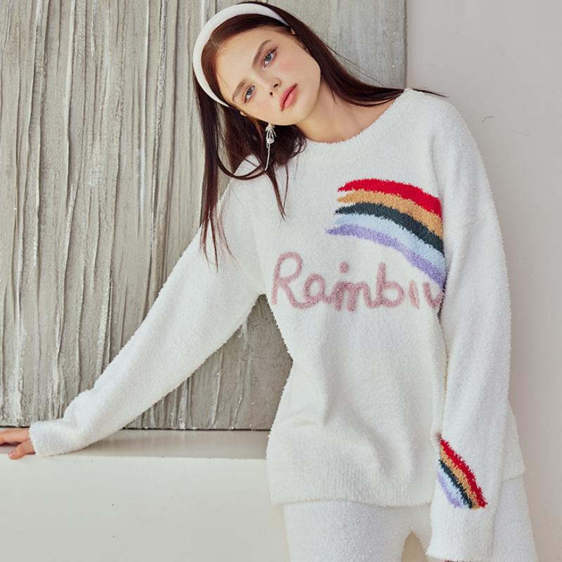 White Rainbow Half-Pile Flannel Pullover Long Sleeve Trousers Pajamas Set