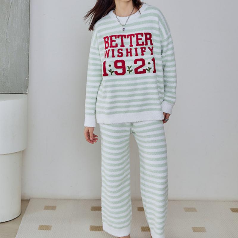 Light Green Stripe Letter Embroidery Half-Pile Flannel Pullover Long Sleeve Trousers Pajamas Set