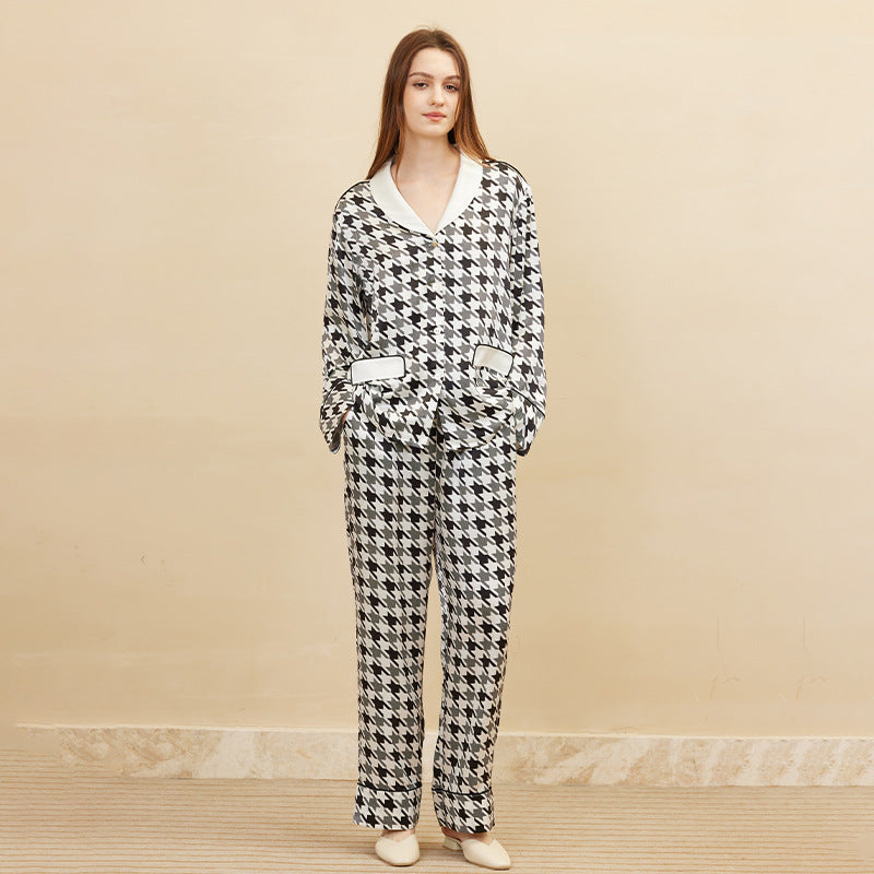 19 Momme Mulberry Silk Houndstooth Long Sleeve Trousers Pajamas Set