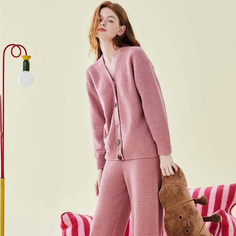 Solid Color Plush Cardigan Long Sleeve Trousers Pajamas Set