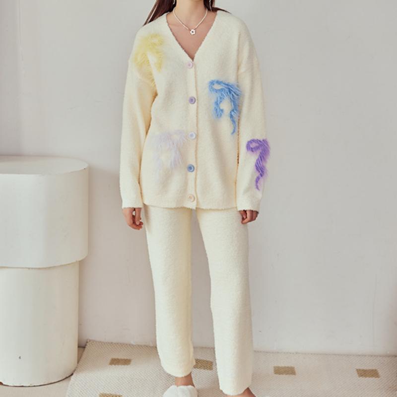 Yellow Bow Embroidery Half-Pile Flannel Long Sleeve Trousers Pajamas Set